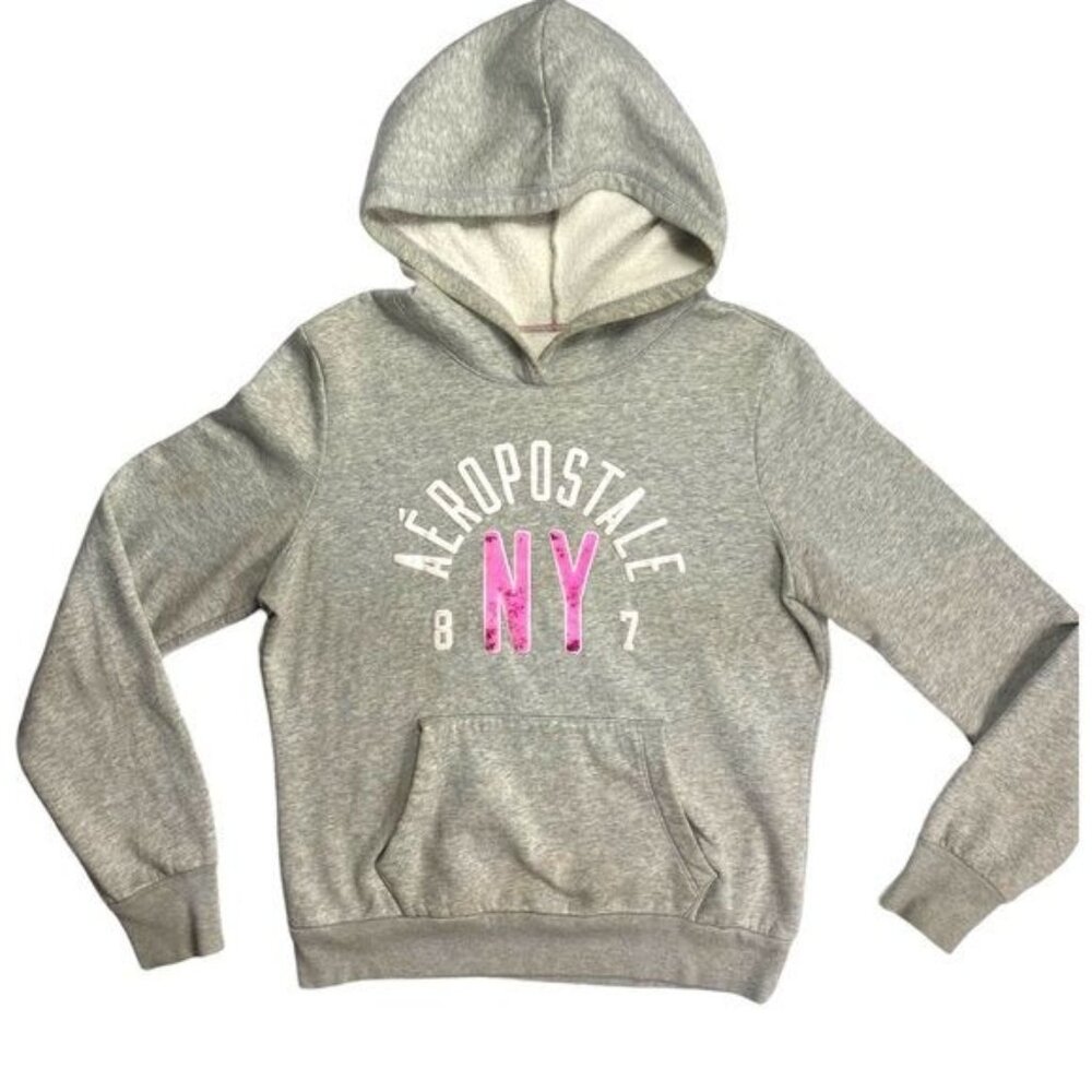 Aeropostale 87 NY Gray Hoodie Sweatshirt Large Cotton/Polyester Blend